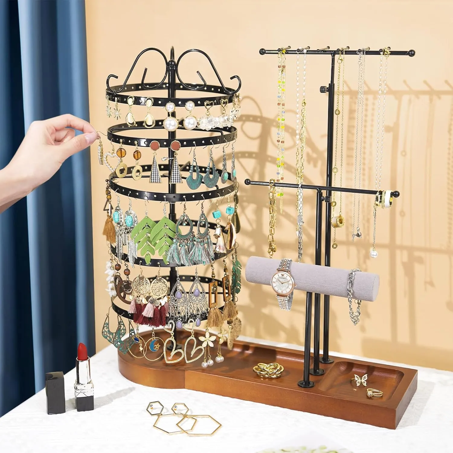 Jewelry Organizer Stand, Metal Rotating Earring Holder Organizer, Multi-Functional Adjustable Necklace Rack Holder Bracelet Watch Holder for Jewelry Earrings Ring, Black