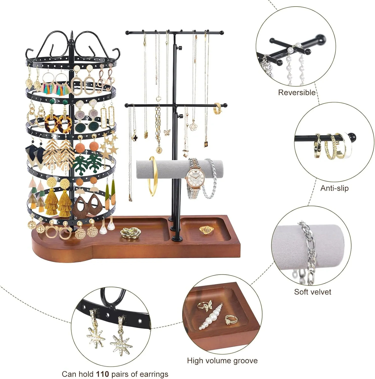 Jewelry Organizer Stand, Metal Rotating Earring Holder Organizer, Multi-Functional Adjustable Necklace Rack Holder Bracelet Watch Holder for Jewelry Earrings Ring, Black