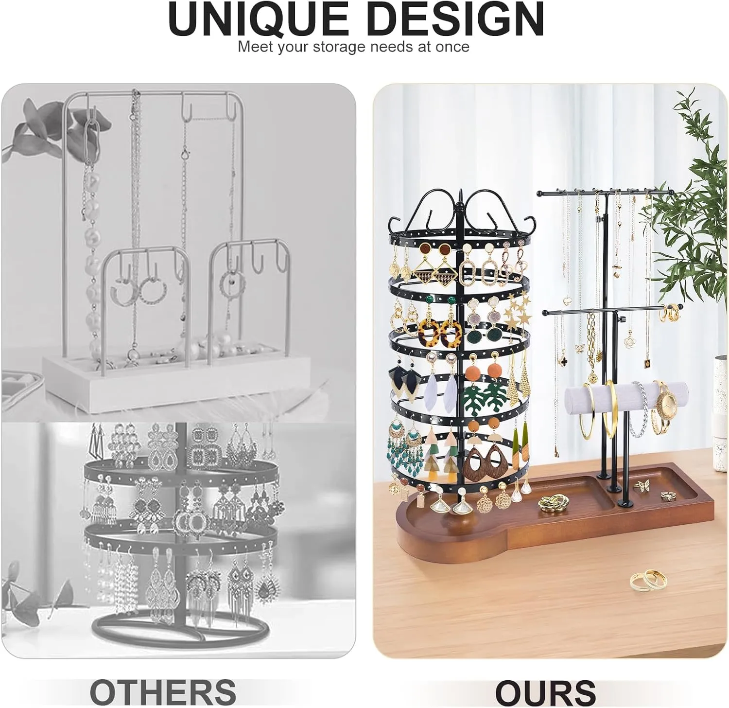 Jewelry Organizer Stand, Metal Rotating Earring Holder Organizer, Multi-Functional Adjustable Necklace Rack Holder Bracelet Watch Holder for Jewelry Earrings Ring, Black