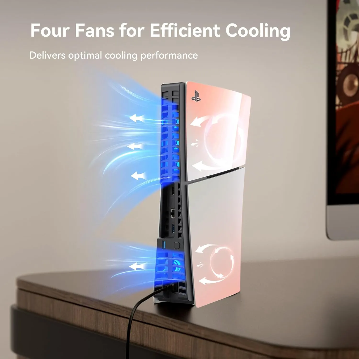 KIWIHOME Cooling Fan for PS5 Slim, Efficient Cooler with Auto On/Off, Adjustable Speed, Quiet Cooling with USB3.0 Port, Four Fan Cooling System with LED Light, Not for PS5 2020/Pro