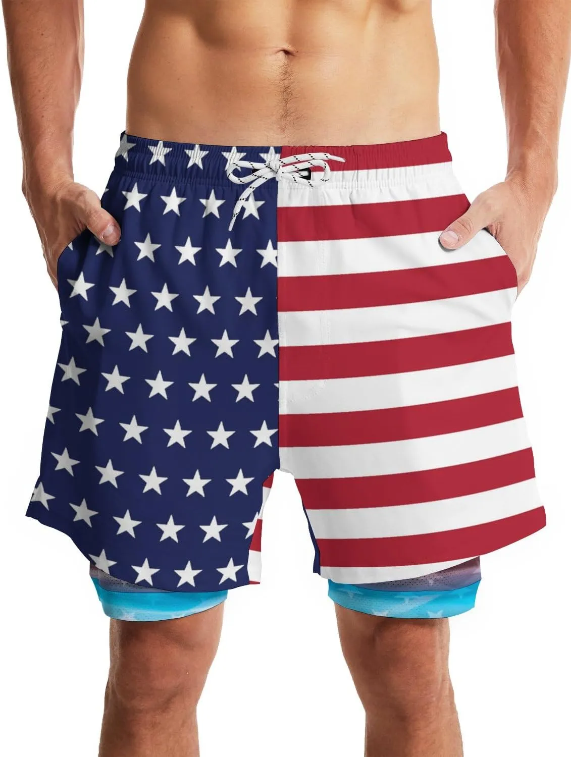 Mens Swim Trunks with Liner Breathable Compression Swim Shorts with 3 Pockets Flag Bathing Suit for Beach