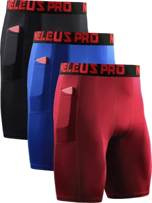 NELEUS Men's 3 Pack Running Compression Shorts with Pockets