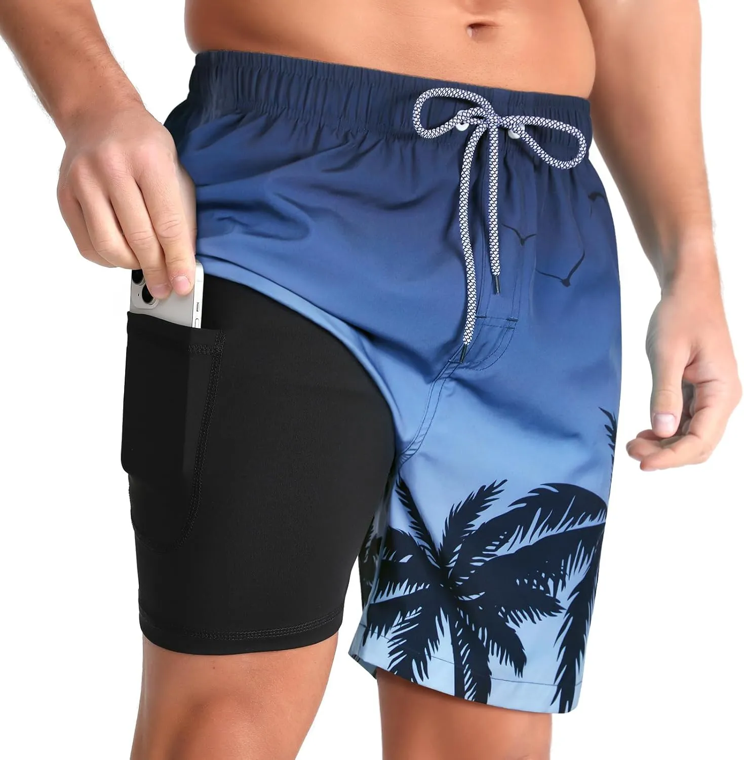 zeetoo Mens Swim Trunks with Compression Liner 5" Inseam Quick Dry Beach Shorts with Zipper Pockets