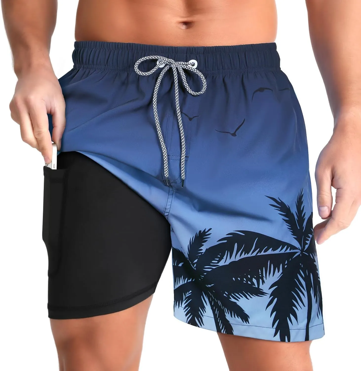 zeetoo Mens Swim Trunks with Compression Liner 5" Inseam Quick Dry Beach Shorts with Zipper Pockets
