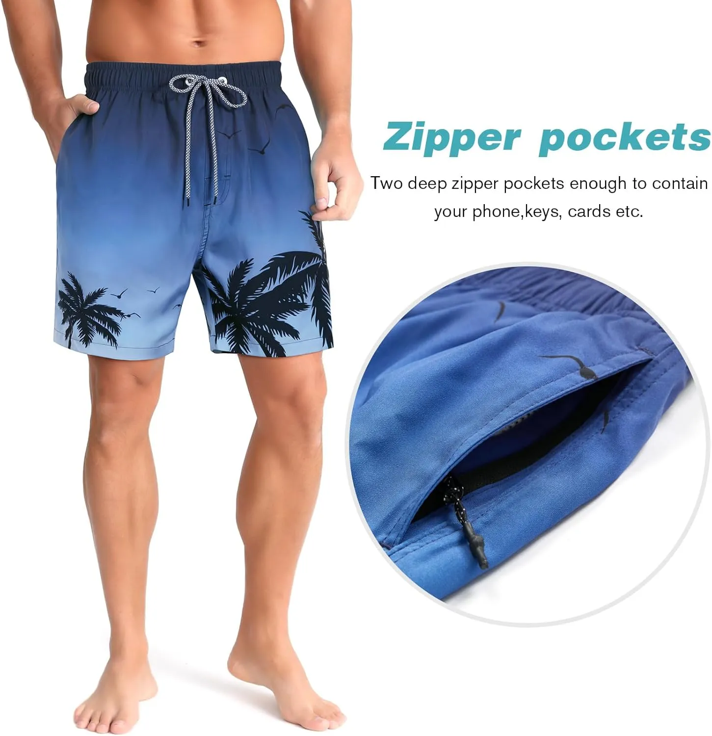 zeetoo Mens Swim Trunks with Compression Liner 5" Inseam Quick Dry Beach Shorts with Zipper Pockets