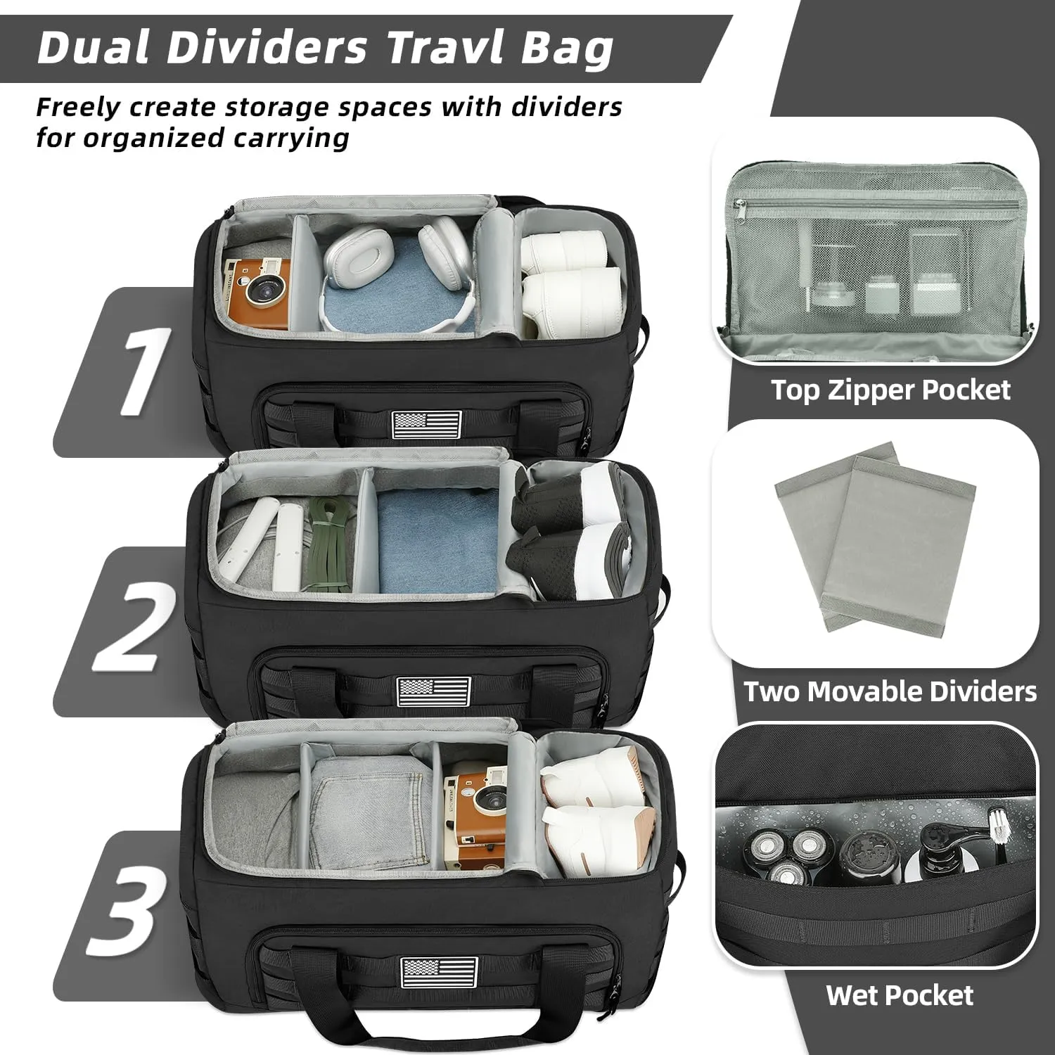 ZOMFELT Tactical Gym Bag for Men, 3-in-1 Travel Duffle Bag with Removable Dividers & Innovative Shoe Compartment, Waterproof MOLLE Travel Backpack, Airplane Carry-On Approved Workout, Outdoor, Black
