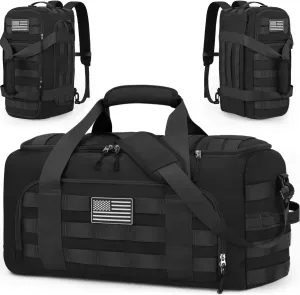 ZOMFELT Tactical Gym Bag for Men, 3-in-1 Travel Duffle Bag with Removable Dividers & Innovative Shoe Compartment, Waterproof MOLLE Travel Backpack, Airplane Carry-On Approved Workout, Outdoor, Black
