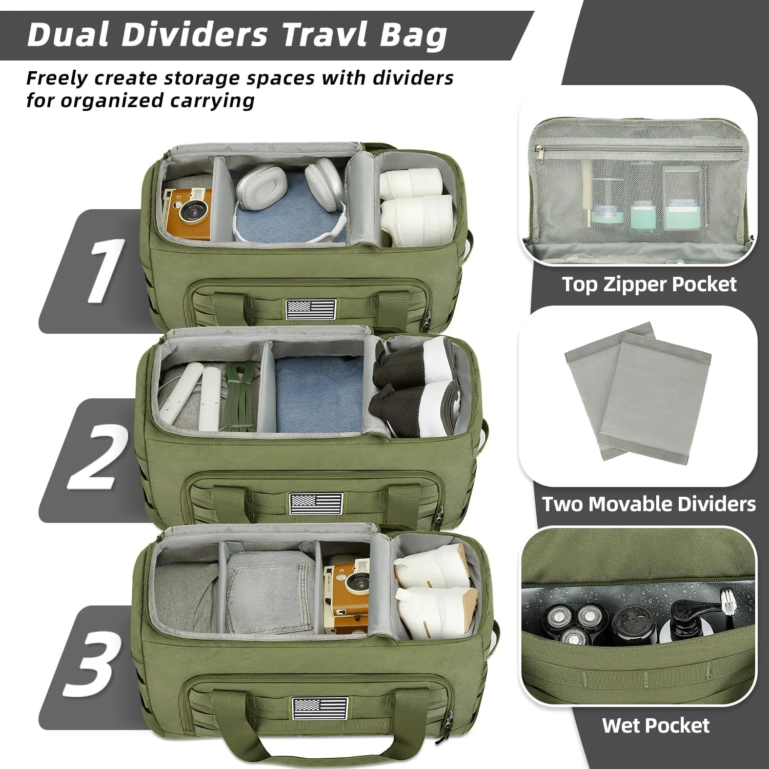 ZOMFELT Tactical Gym Bag for Men, 3-in-1 Travel Duffle Bag with Removable Dividers & Innovative Shoe Compartment, Waterproof MOLLE Travel Backpack, Airplane Carry-On Approved Workout, Outdoor, Green